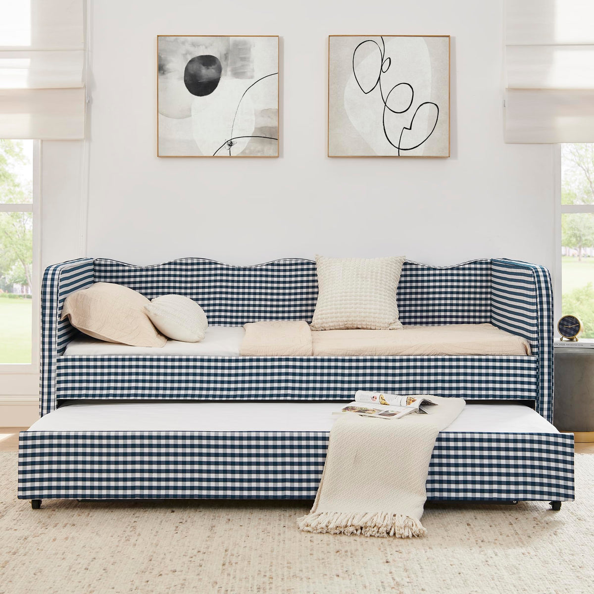 Blue Gingham Twin Daybed with Pop Up Trundle Z23222