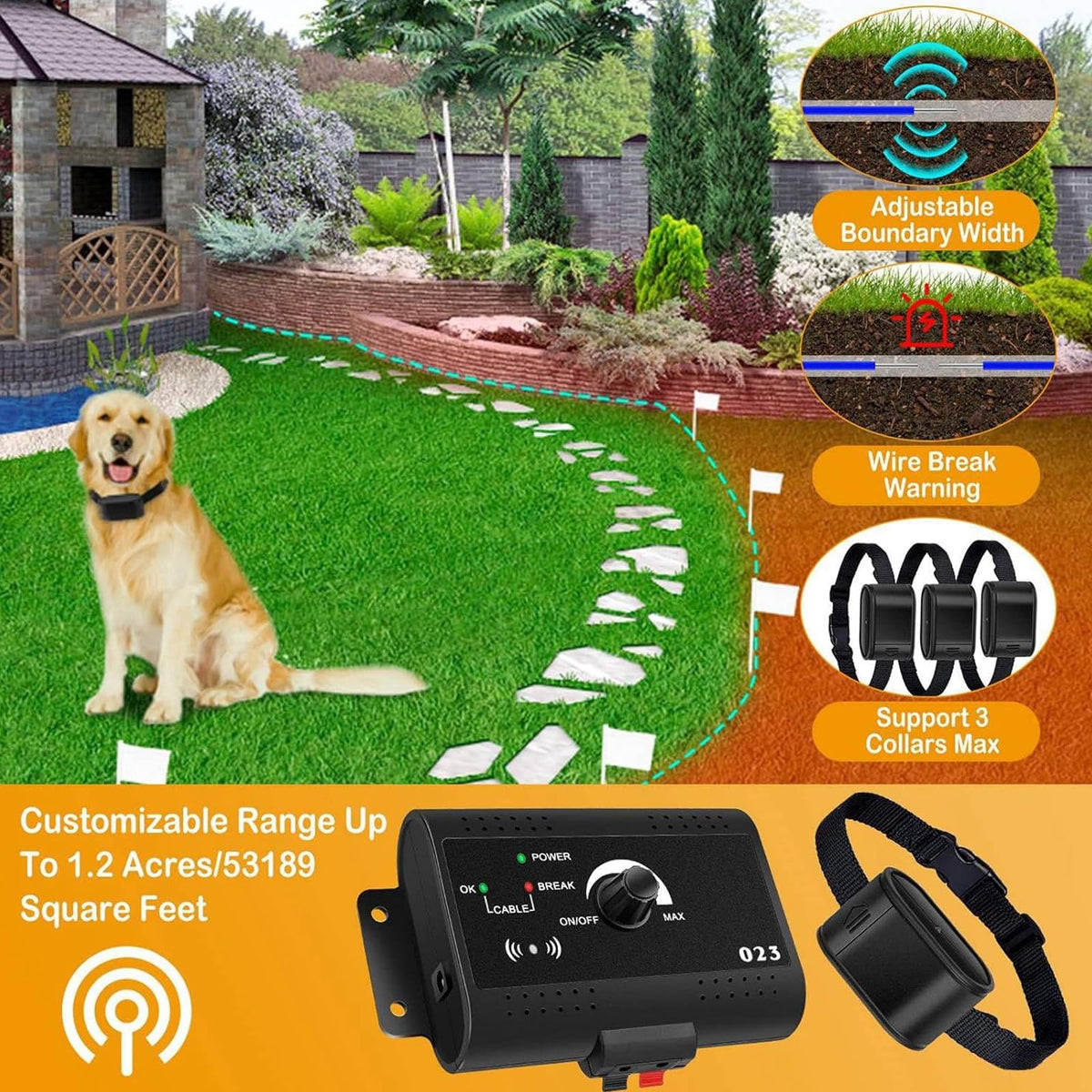 Electric Dog Fence, In-Ground Pet Containment System, Waterproof Training Collar H2864