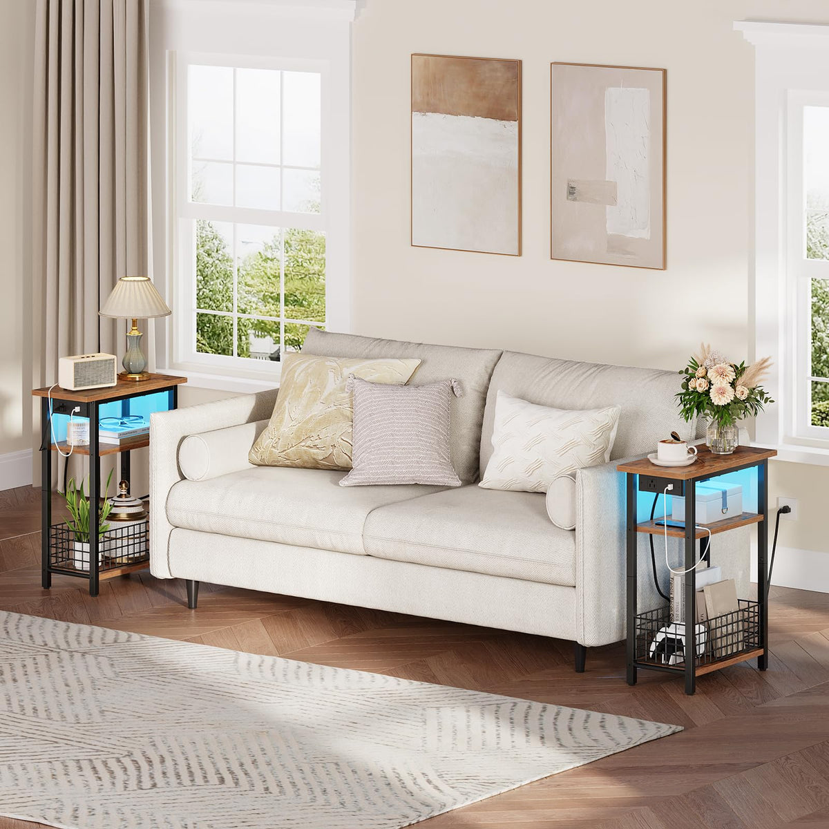 Narrow Side Table with Charging Station and LED Light A144279
