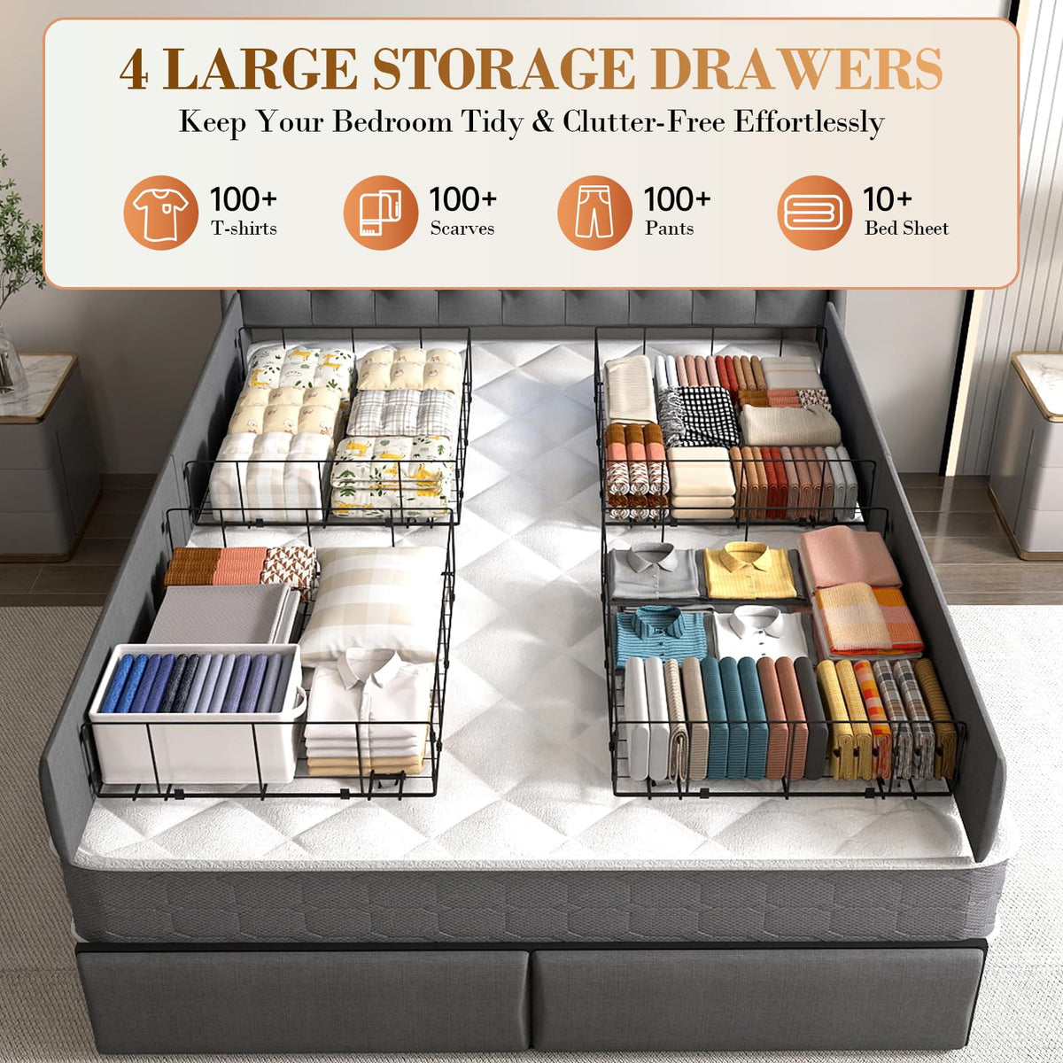 Queen Size Upholstered Bed Frame with 4 Storage Drawers I581655