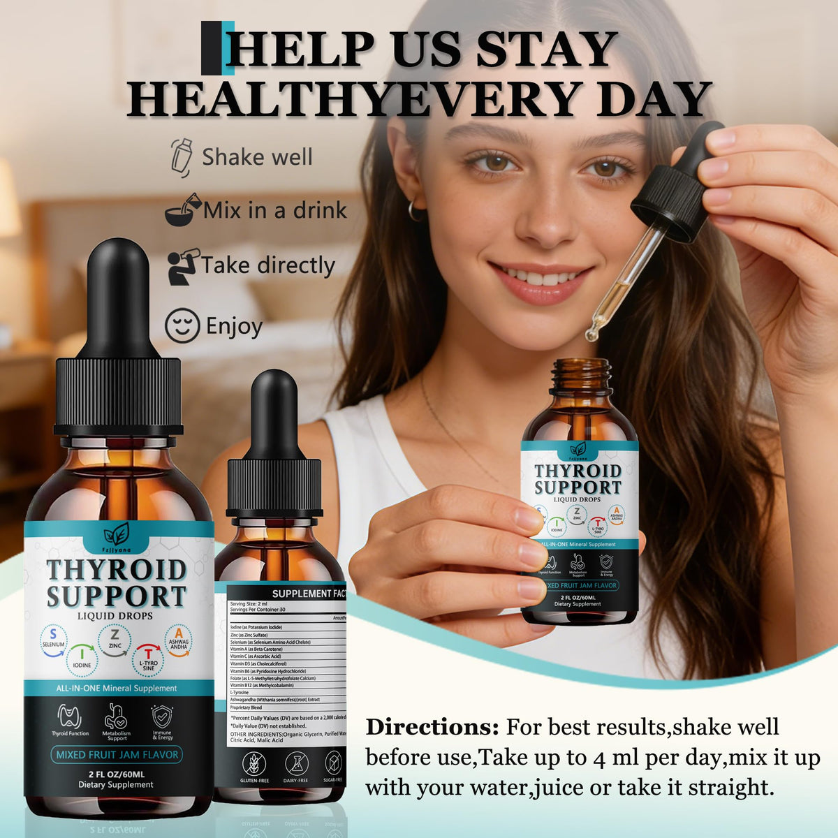 Liquid Thyroid Support Drops with Selenium Zinc Iodine L-Tyrosine Ashwagandha W72419
