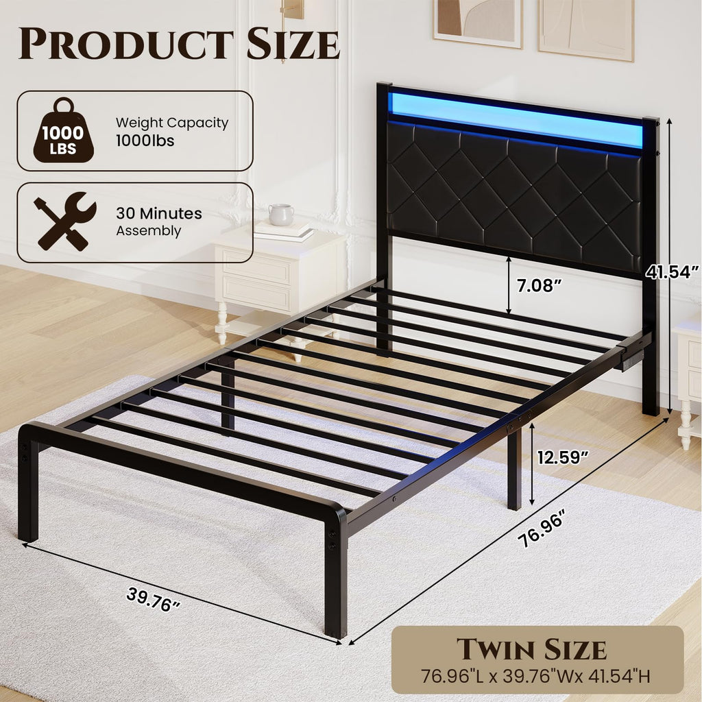 Twin Platform Bed Frame with Charging Station U81298