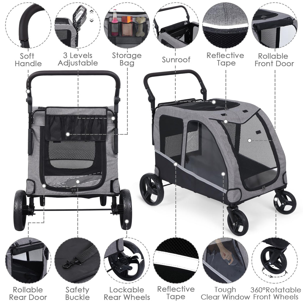 Extra Large Foldable Dog Stroller with Pocket, Up to 130 lbs E90608