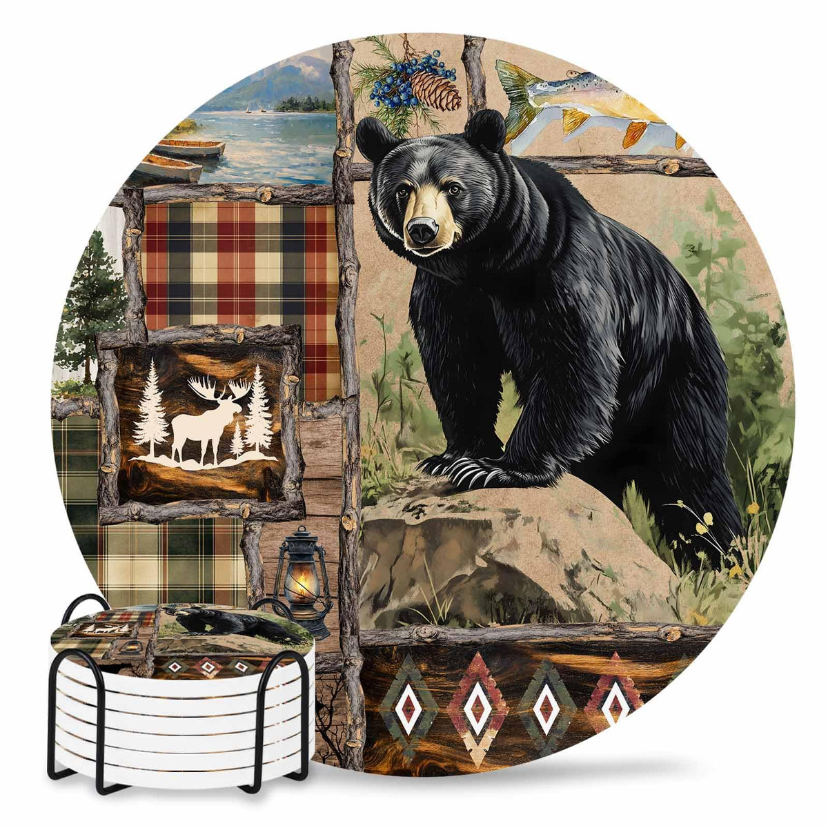 Black Ceramic Coasters Set of 6 with Holder N4752