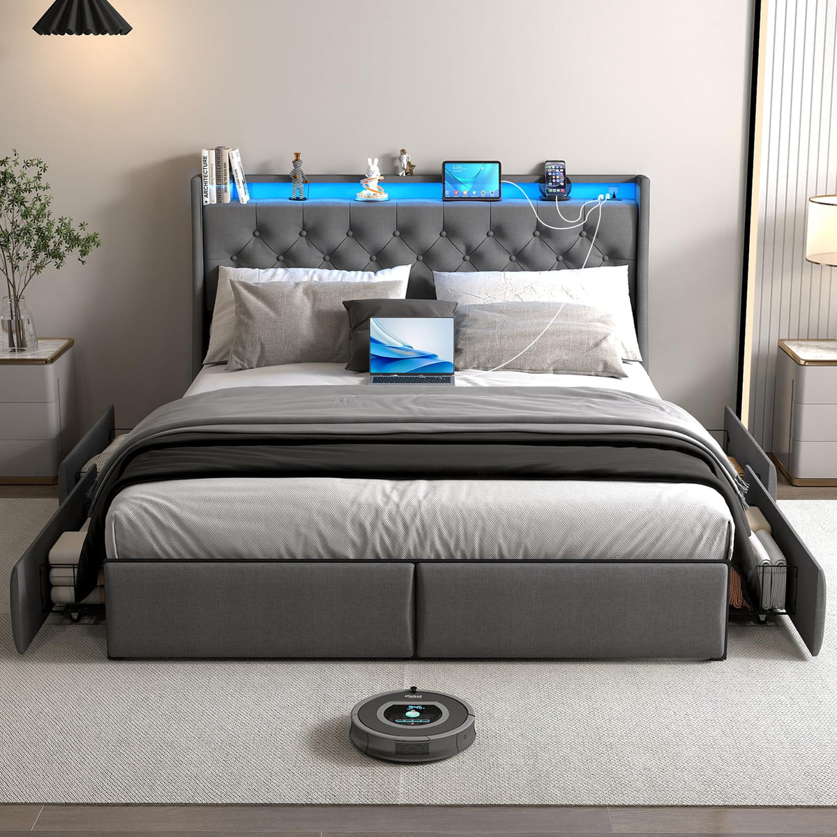 Queen Size Upholstered Bed Frame with 4 Storage Drawers I581655