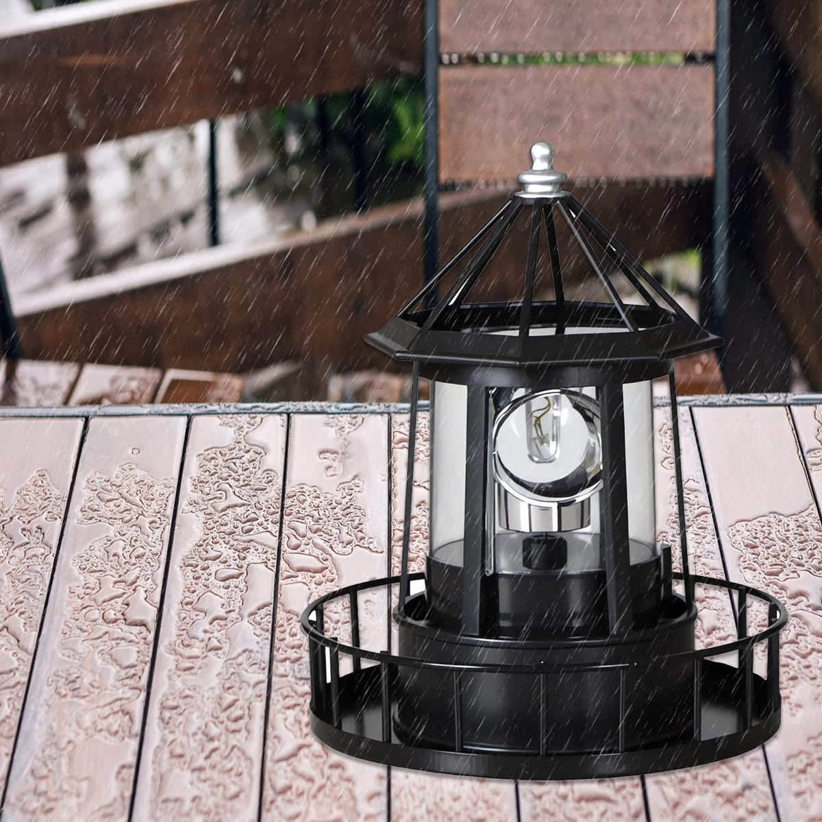 Black IP65 Waterproof Solar Rotating Lighthouse Light F23182