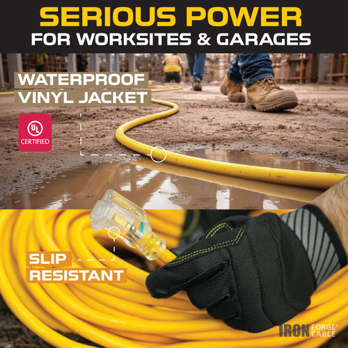 100 Foot Outdoor Extension Cord 12/3 SJTW Heavy Duty Yellow 3 Prong 15 AMP T91254