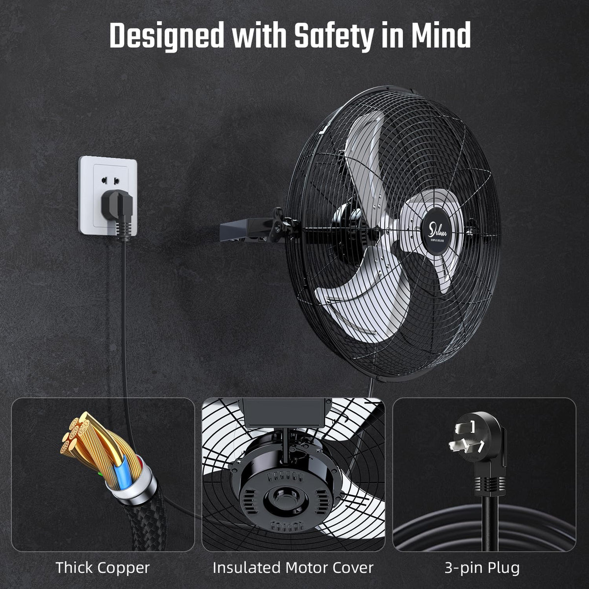 20 Inch High Velocity 3 Speed Black Wall-Mount Fan O48641