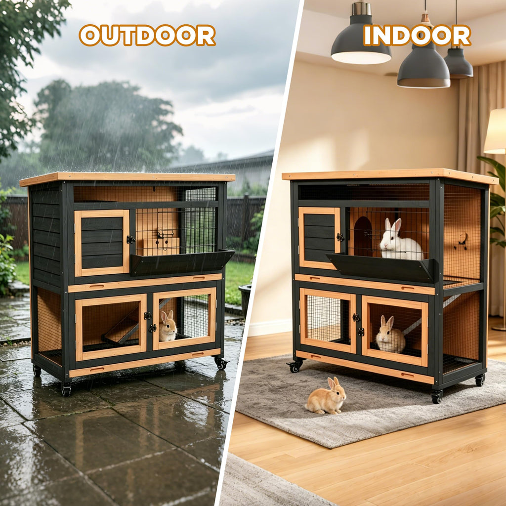 2-Story Wooden Rabbit Hutch with Wheel V68071