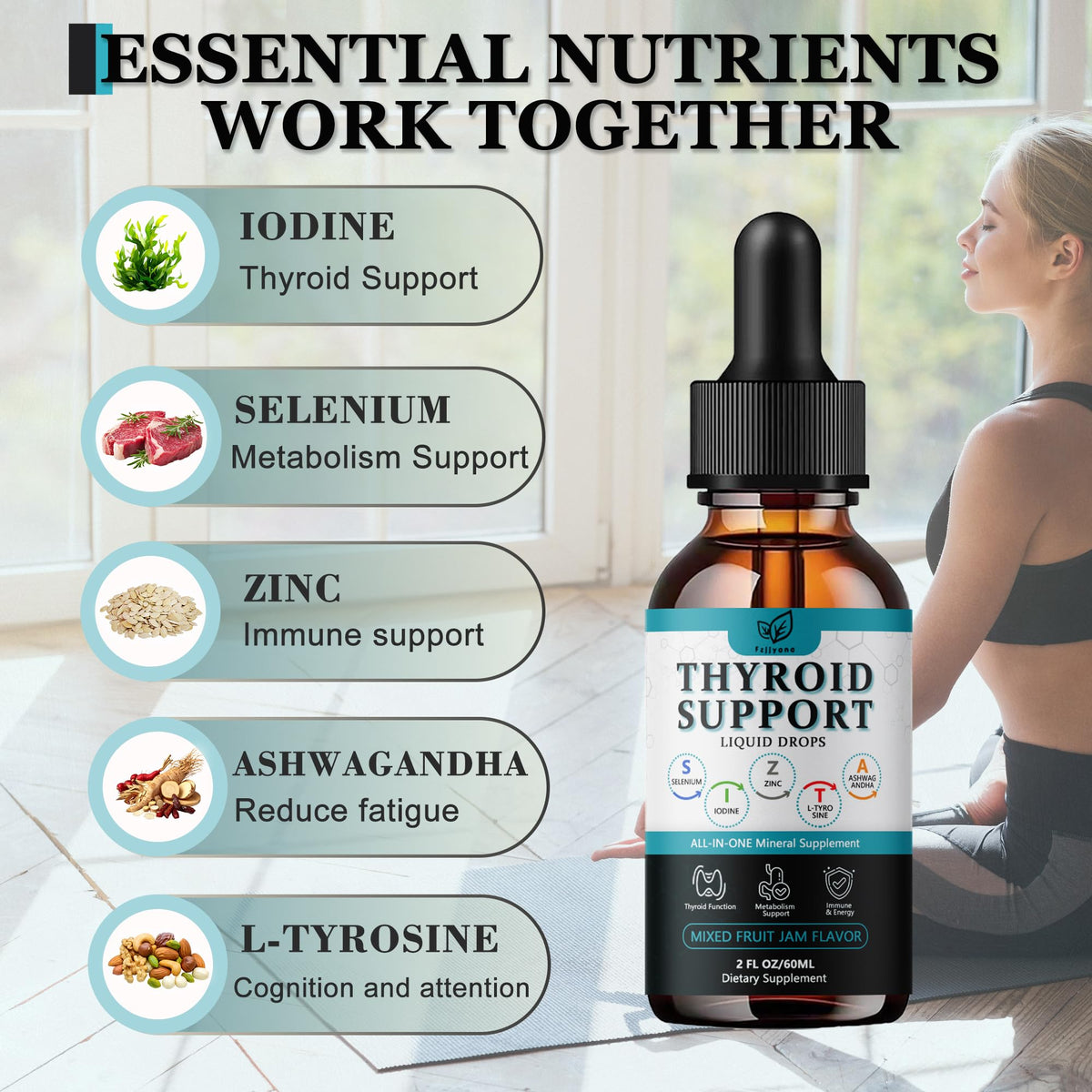 Liquid Thyroid Support Drops with Selenium Zinc Iodine L-Tyrosine Ashwagandha W72419