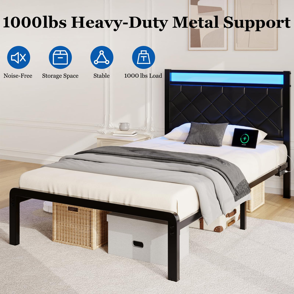 Twin Platform Bed Frame with Charging Station U81298