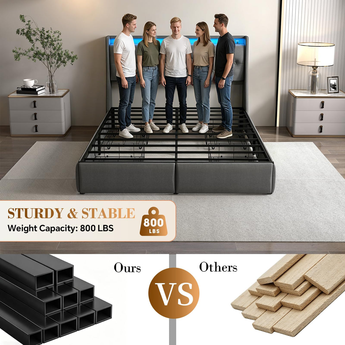 Queen Size Upholstered Bed Frame with 4 Storage Drawers I581655