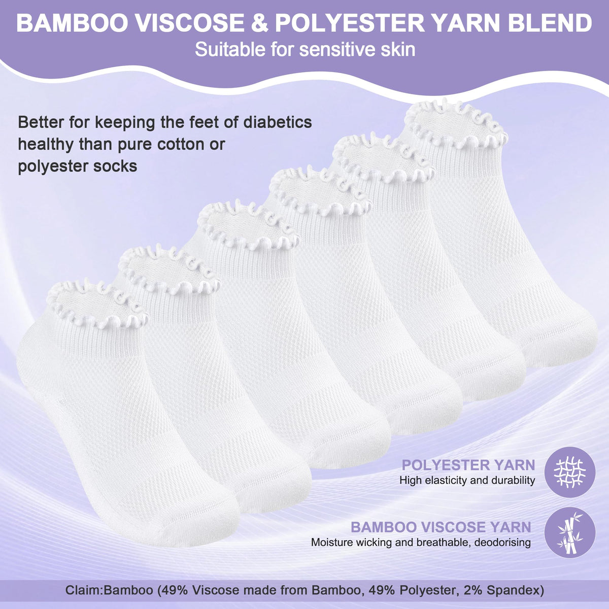 White Low Cut Diabetic Ankle Socks 6 Pairs M3501