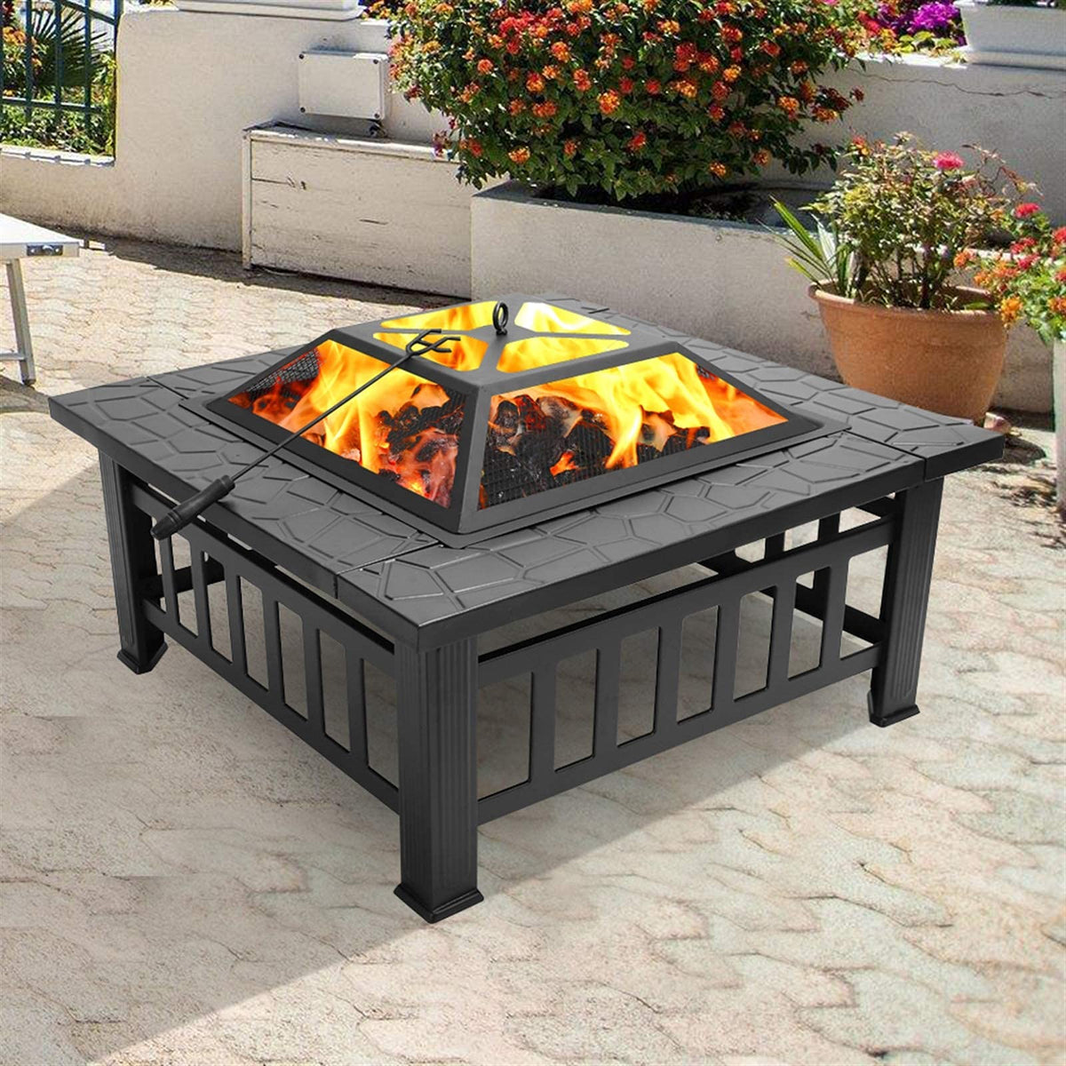 32 Inch Square Metal Wood Burning Fire Pit Q61682