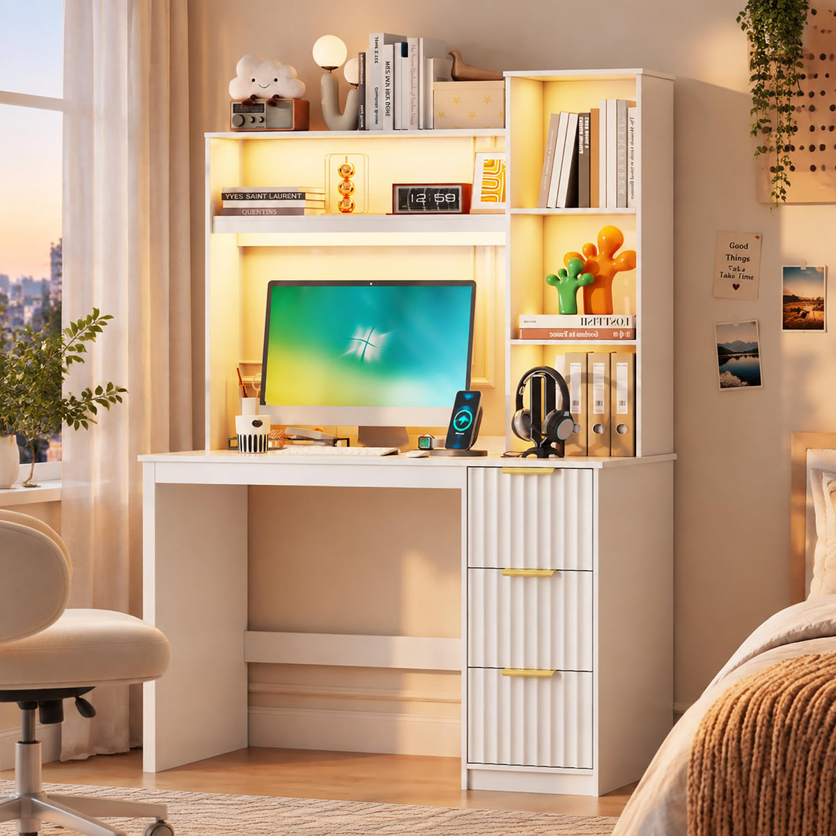 White Home Office Desk with Hutch and Drawers N6755