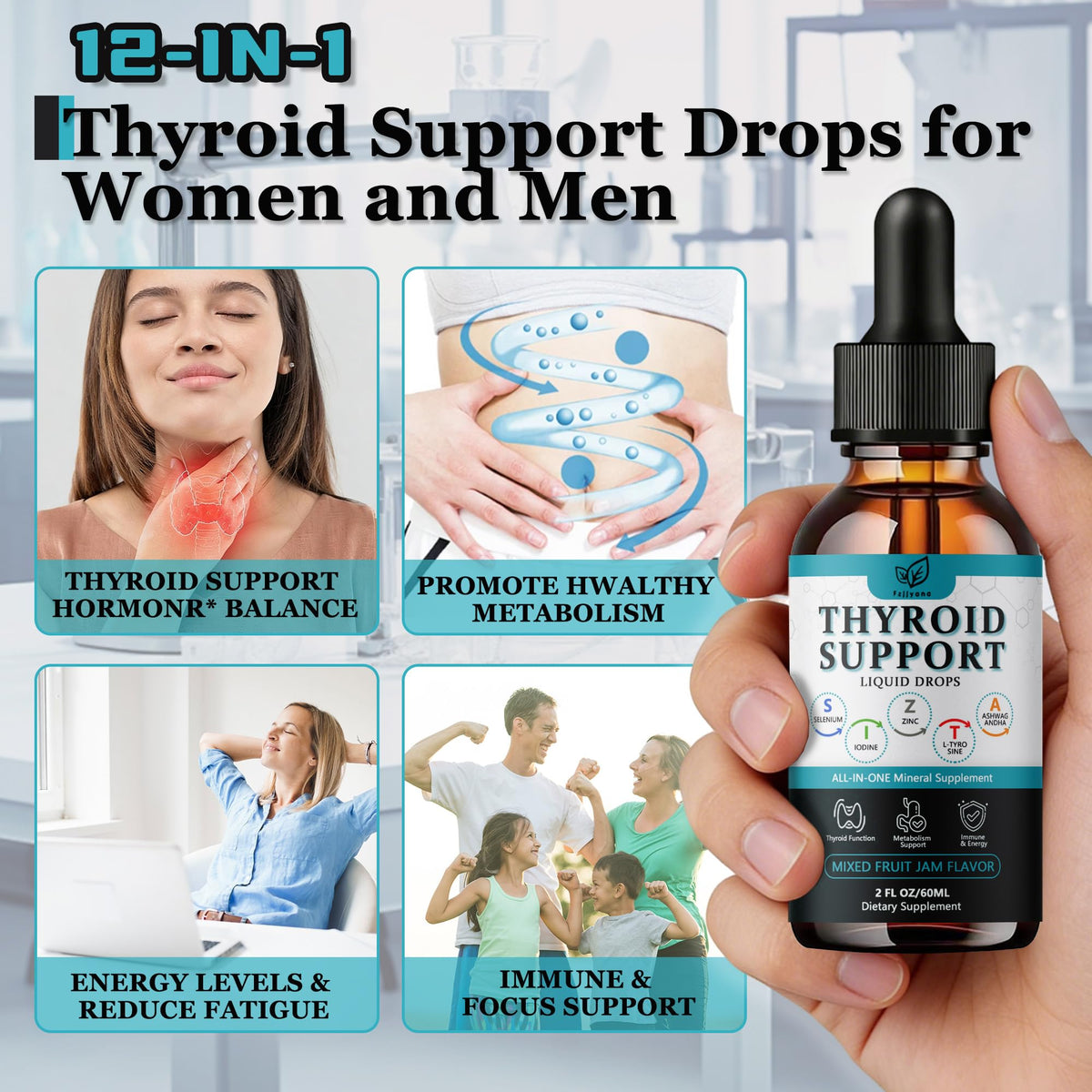 Liquid Thyroid Support Drops with Selenium Zinc Iodine L-Tyrosine Ashwagandha W72419