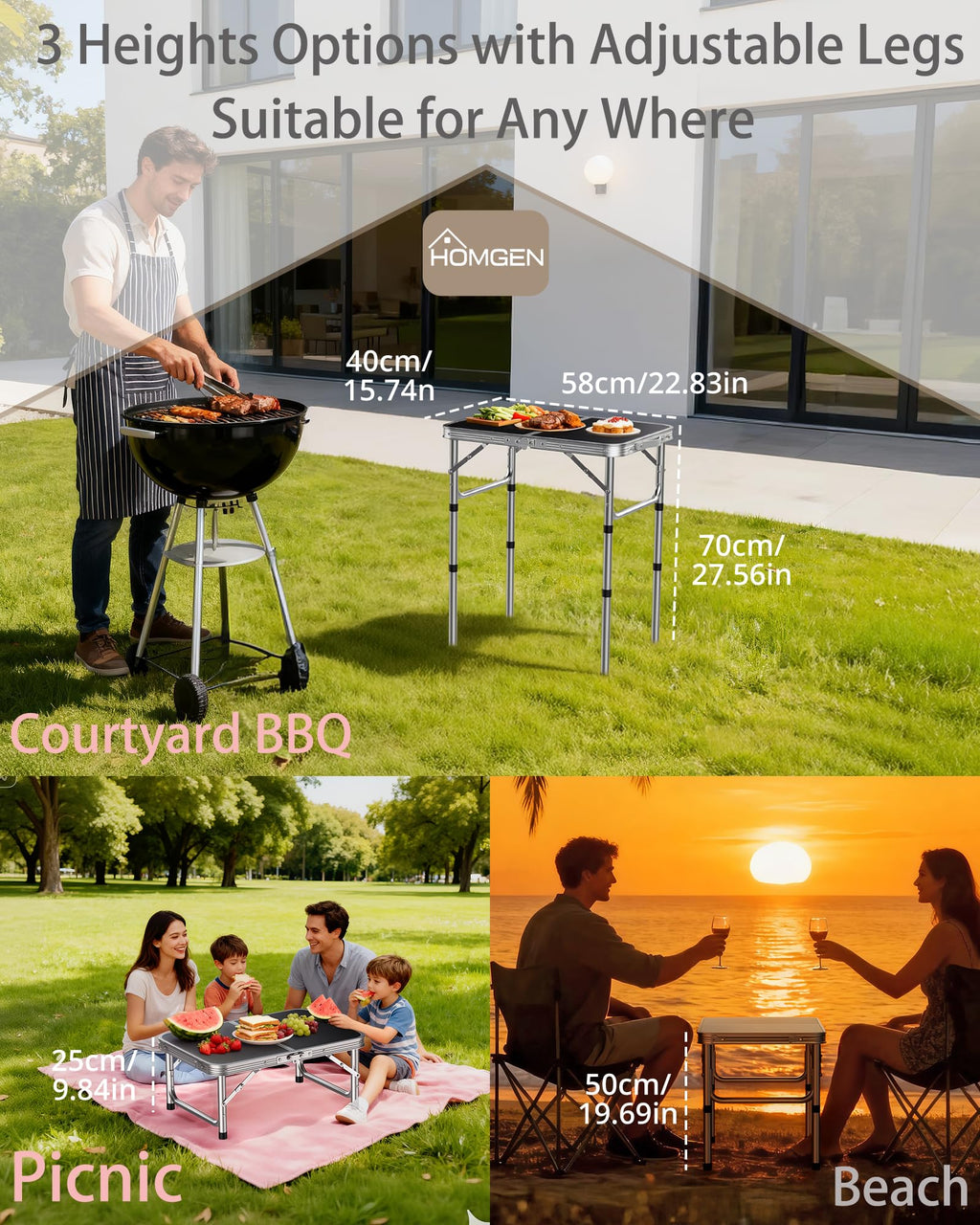 Portable Folding Table 3 Heights Adjustable 23'' L x 16'' W T108
