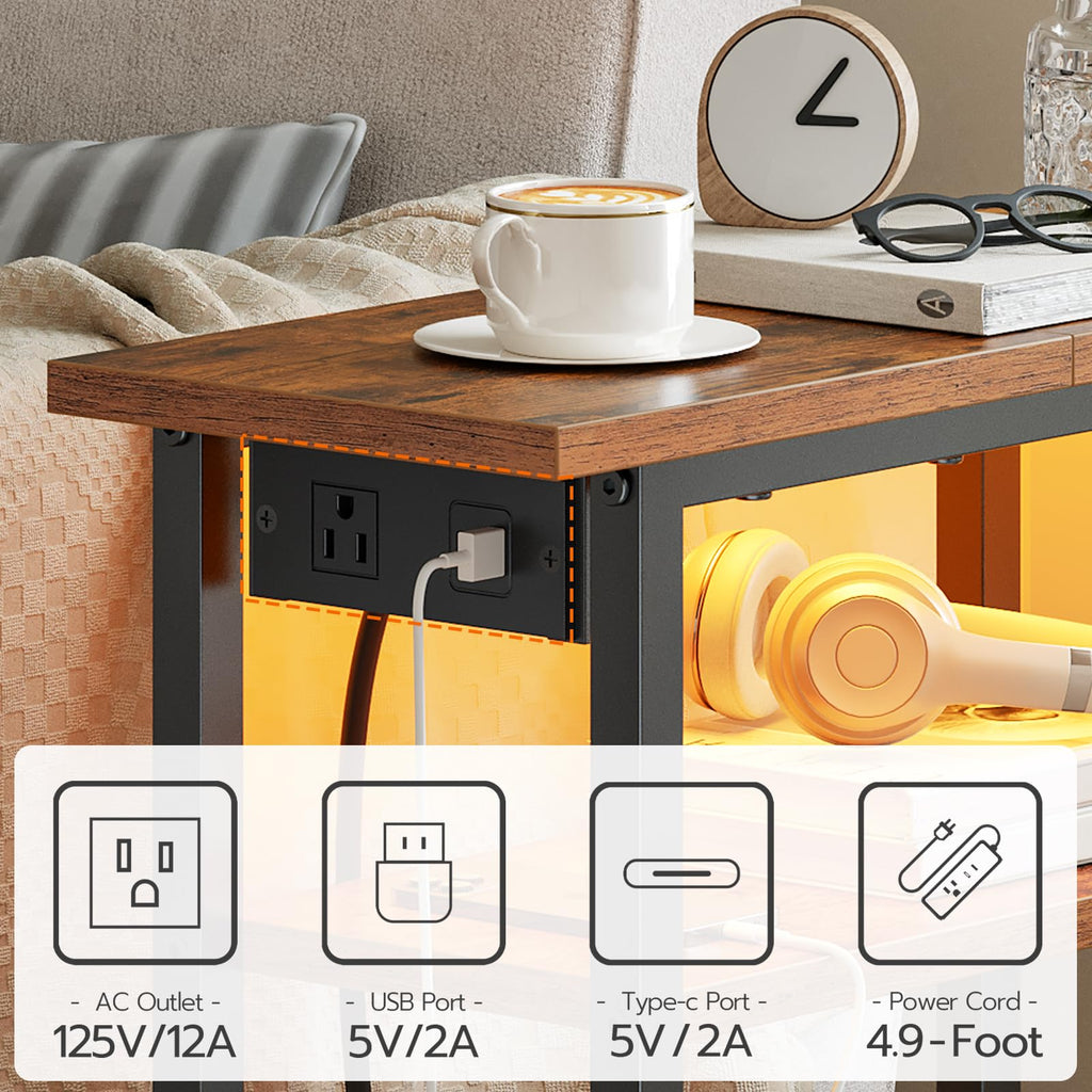 Narrow Side Table with Charging Station and LED Light A144279