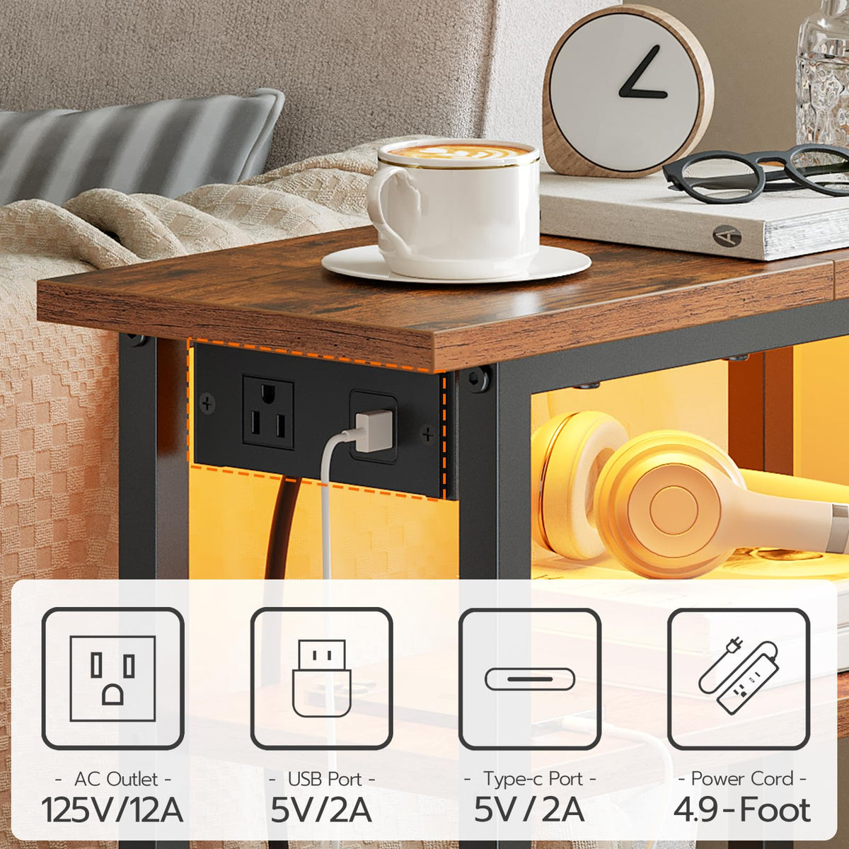 Narrow Side Table with Charging Station and LED Light A144279
