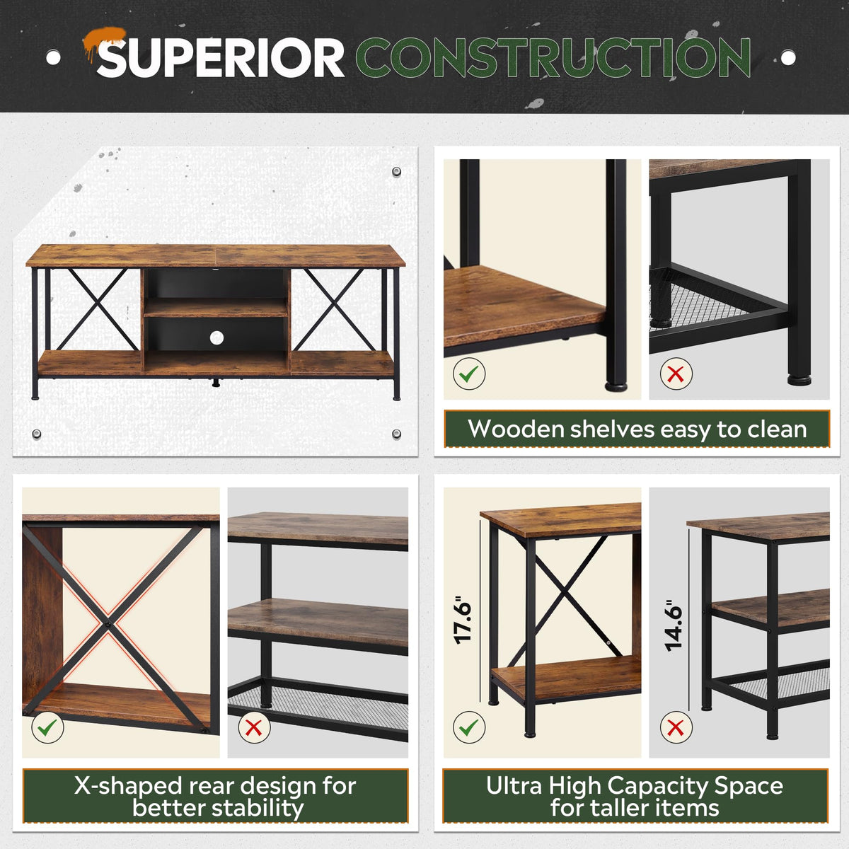 Industrial TV Stand for Up to 65 inch TV with Adjustable Shelves K285