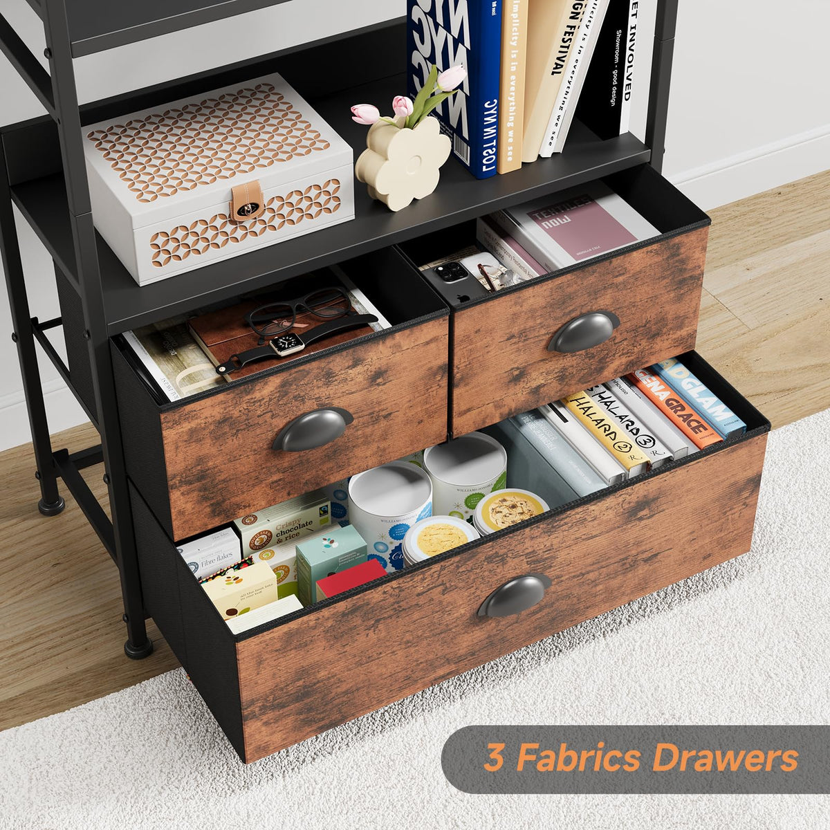 47-Inch 6 Tier Wood and Metal Bookshelf with 3 Fabric Drawers Y1386