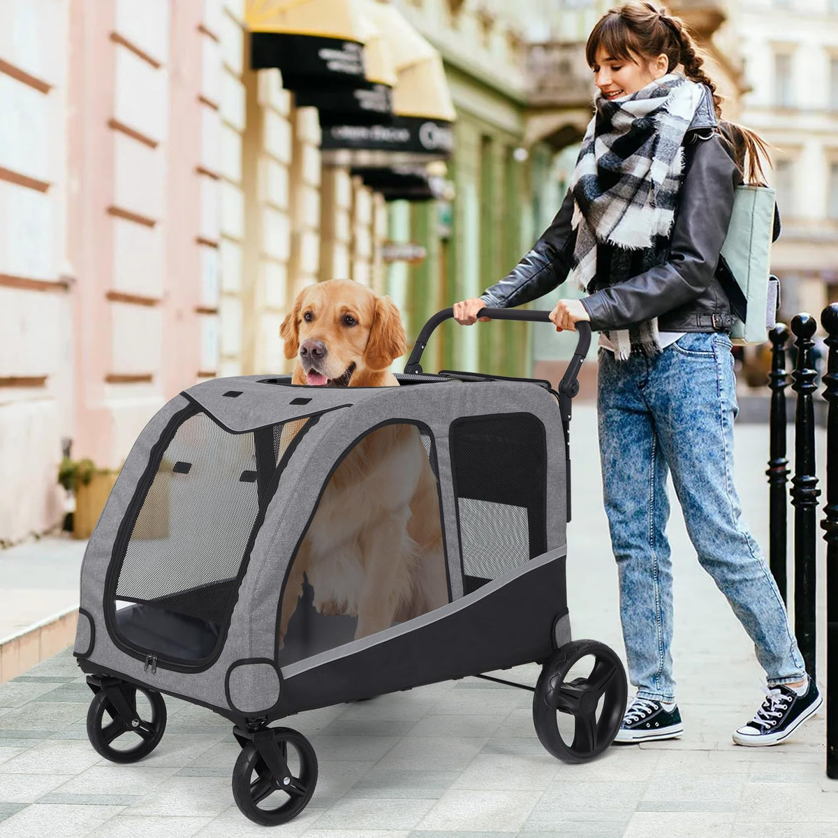 Extra Large Foldable Dog Stroller with Pocket, Up to 130 lbs E90608