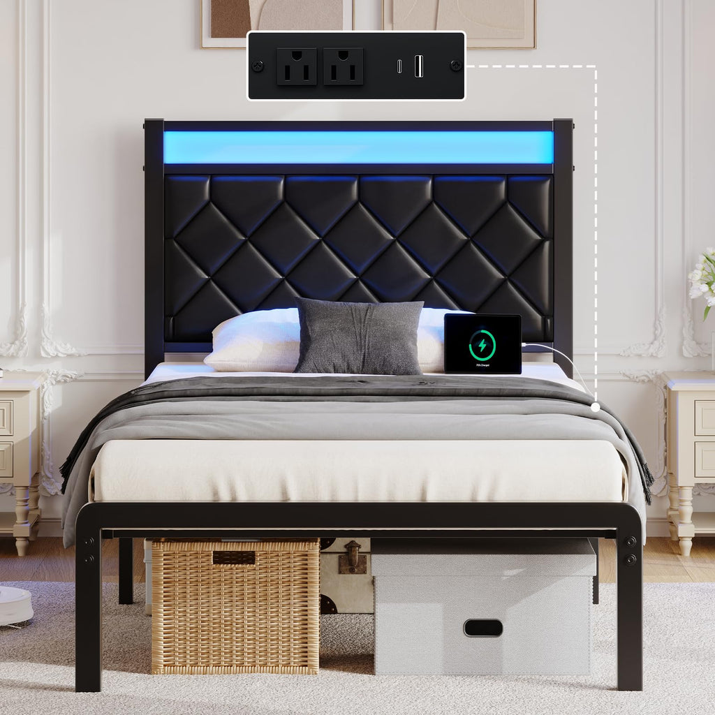 Twin Platform Bed Frame with Charging Station U81298