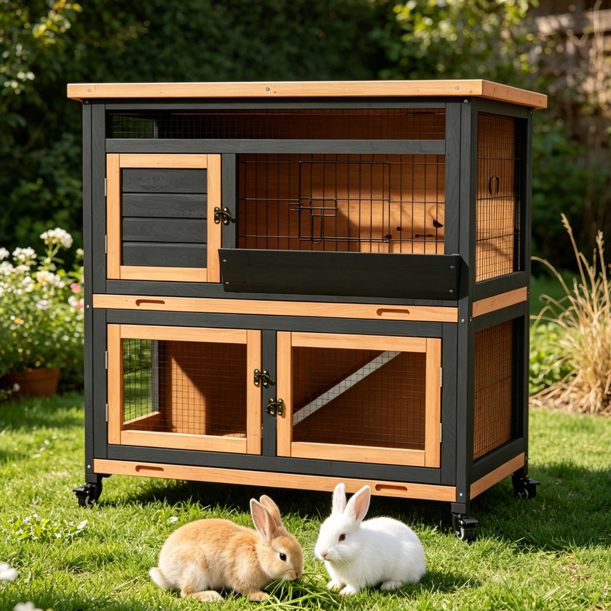 2-Story Wooden Rabbit Hutch with Wheel V68071