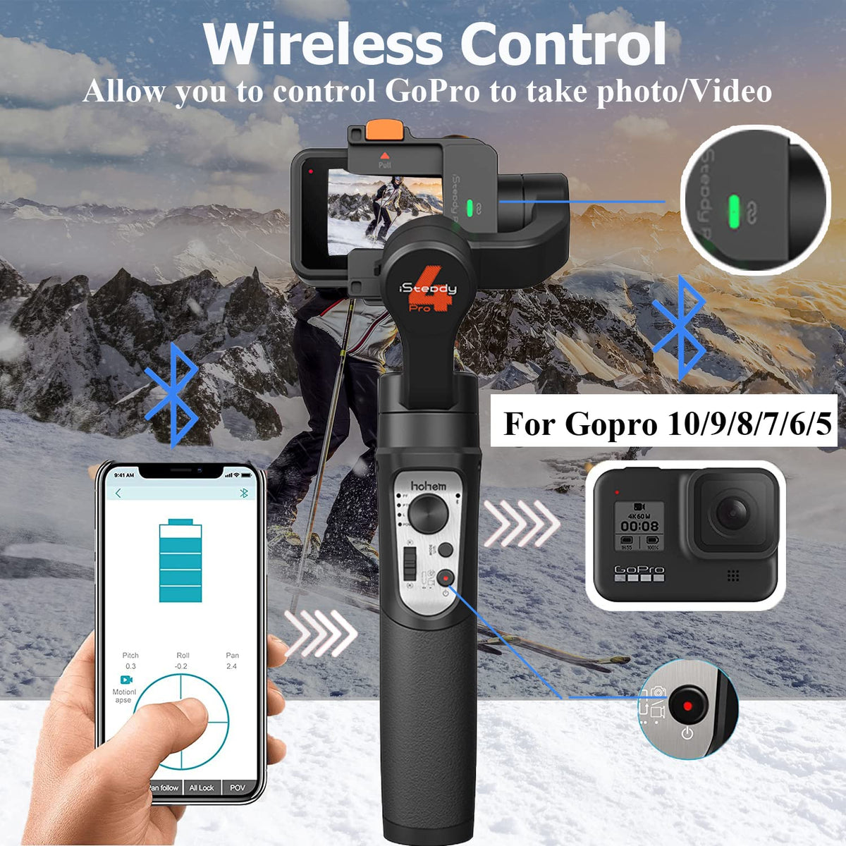 Action Camera Gimbal Stabilizer 3-Axis Bluetooth Cable Control IPX4 V516578