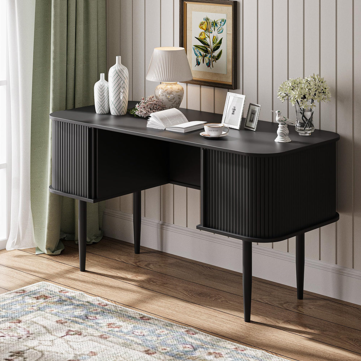 55" Black Wood Writing Desk with Storage J1641