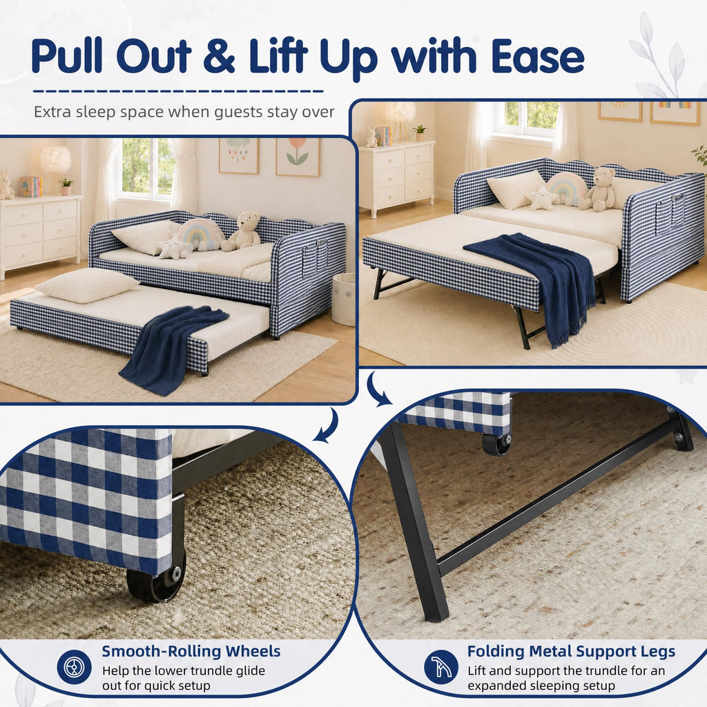 Blue Gingham Twin Daybed with Pop Up Trundle Z23222