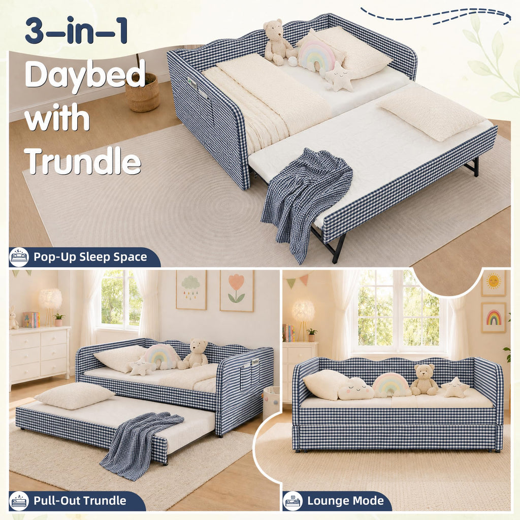 Blue Gingham Twin Daybed with Pop Up Trundle Z23222