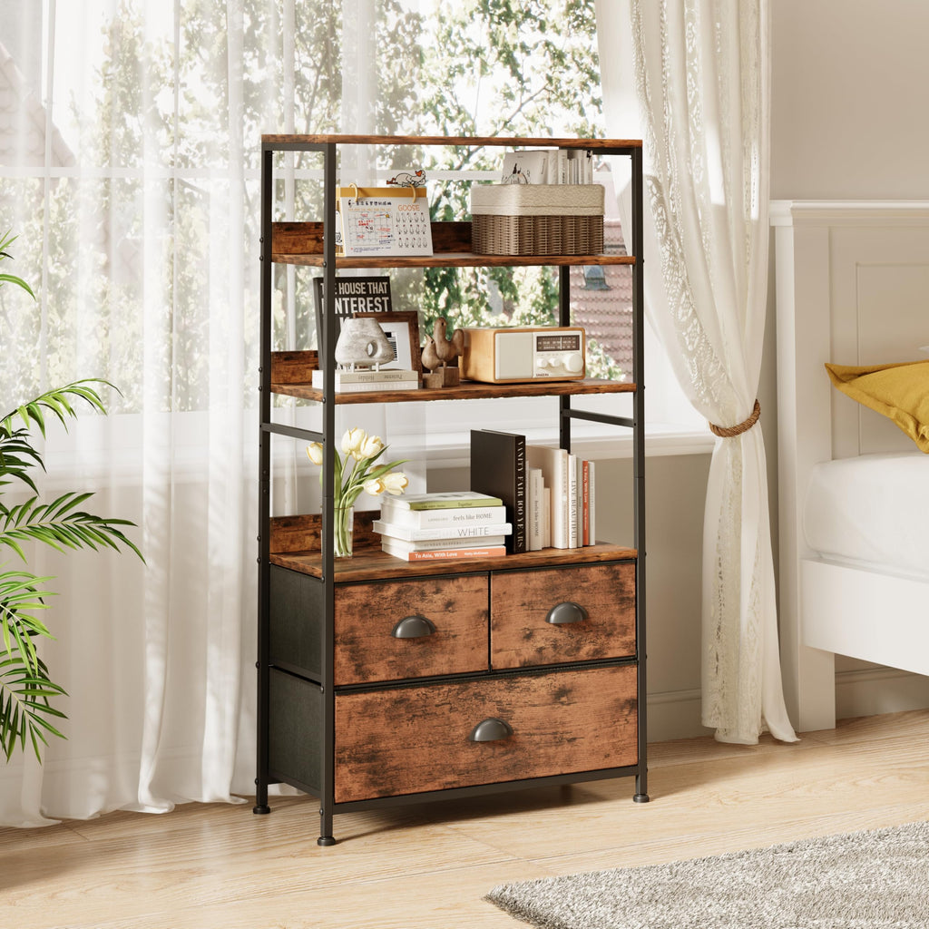 47-Inch 6 Tier Wood and Metal Bookshelf with 3 Fabric Drawers Y1386